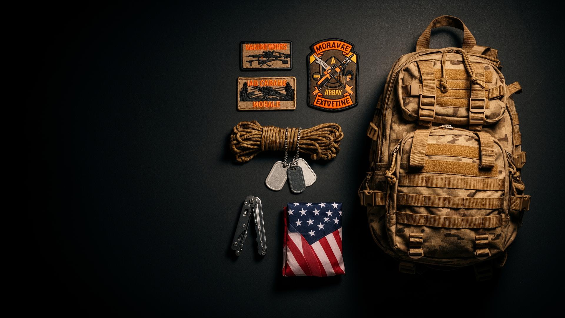Tactical gear flat lay with morale patches, a coyote backpack, and an American flag